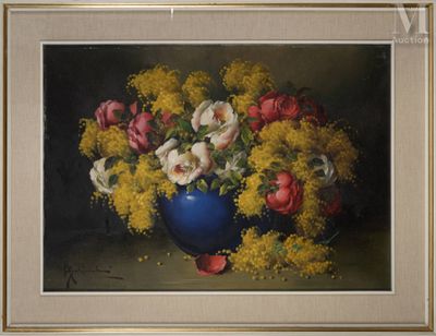 a painting of flowers in a blue vase on a table