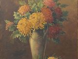 an oil painting of a vase of flowers on a table