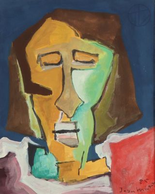 une peinture à l'huile représentant un homme au visage vert et portant une chemise rouge