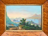 une peinture à l'huile représentant une vue d'une ville et d'un lac
