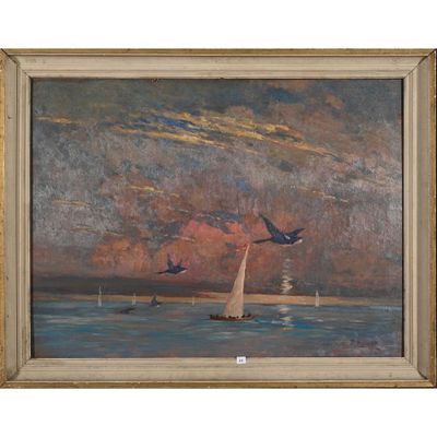 une peinture à l'huile représentant un voilier sur l'eau, avec des oiseaux qui volent au-dessus