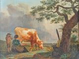 a painting of a cow and two men in a field