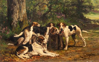 un tableau représentant un groupe de chiens dans un environnement boisé