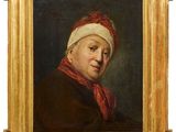 portrait d'une vieille femme portant un foulard rouge, encadré d'un cadre doré
