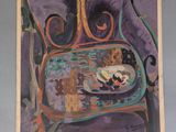 an image of a painting of a chair with a plate of food on it