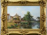 an image of a painting of a village with a river in the foreground