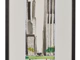 a black and white drawing of a city skyline with skyscrapers