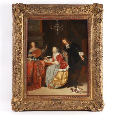 a painting of a man and a woman playing instruments in a room