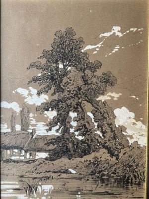 painting of a landscape with a river and trees in the foreground and a castle in the distance
