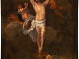 a painting of jesus on the cross with angels in the background
