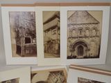 several old black and white photographs of a church and a building