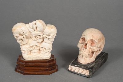 two skulls sitting on top of a book on a table