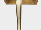 a wooden table with a mirror on top of it