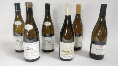 six bottles of wine are lined up in a row on a white surface