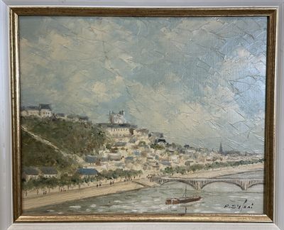 peinture d'une vue d'une ville avec un pont sur une rivière