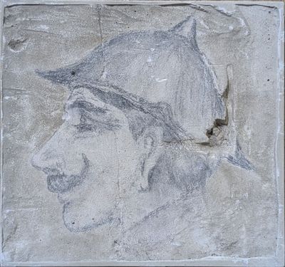 painting of a man with a hat and a bird on a wall