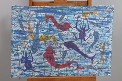 un tableau posé sur un chevalet, représentant des poissons