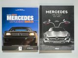 two books on a white surface with a car and a mercedes