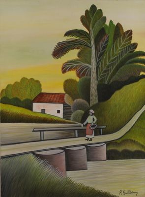 une peinture à l'huile représentant un homme traversant un pont en skateboard