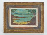 an oil painting of a sailboat on the water in a gold frame