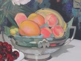 a painting of a bowl of fruit and a plate of cherries on a table