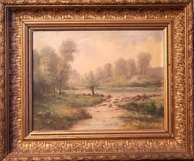 une peinture à l'huile représentant une scène fluviale avec du bétail dans une zone boisée