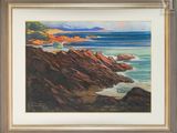 une peinture à l'huile représentant une côte rocheuse avec vue sur l'océan