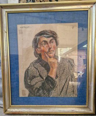 tableau représentant un homme en costume-cravate, la main posée sur le menton