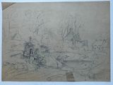 dessin au crayon représentant un paysage avec un château et une rivière
