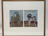 two framed pictures of a dog and a cat in a room
