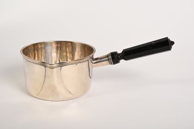une casserole argentée avec une poignée noire sur un fond blanc