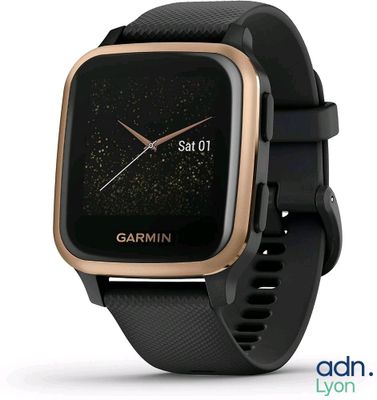 the garmin is a smart watch with a black band and gold accents