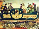 a painting of a horse drawn carriage with people on it