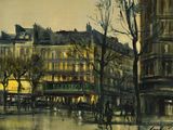 une peinture d'une rue de la ville avec des gens qui marchent dessus