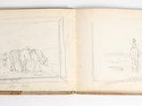 an open book with a drawing of a man riding a horse in a field