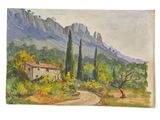 a painting of a house in the mountains with trees and bushes
