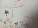 a drawing of a woman sitting in a chair under an umbrella