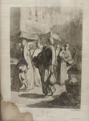 an old black and white drawing of a man and a woman walking down a street