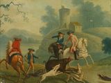 a painting of a group of people riding horses and dogs