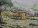 a painting of a barn in the middle of a field