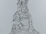 un dessin représentant une femme vêtue d'une robe à motifs floraux