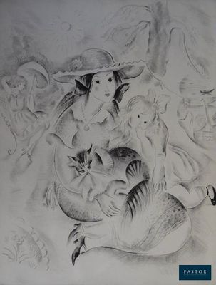 dessin au crayon représentant une femme avec un chat et d'autres animaux