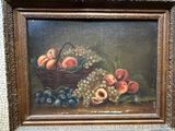 peinture représentant une corbeille de fruits contenant des raisins, des pêches, des prunes et des prunes