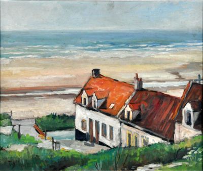an oil painting of a house on the beach with a view of the ocean