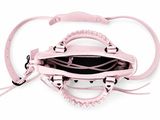 pink leather handbag with braid handle and strap on white background