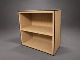 a wooden bookcase with two shelves on each side