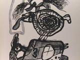 drawing of a man with a hat and a bird on his head