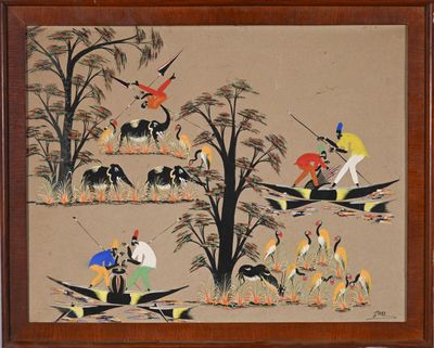 une image représentant une photo d'un tableau montrant des personnes et des animaux dans un champ