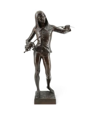 bronze statue of a woman holding a knife and a flower in her hand