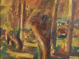 painting of a painting of trees in a field with a house in the background